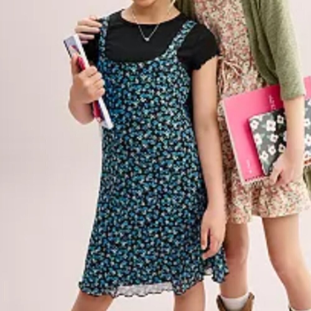 Knitworks Girl's Size XL (16) Blue Ditsy Floral Power Mesh Sleevless 90's Dress